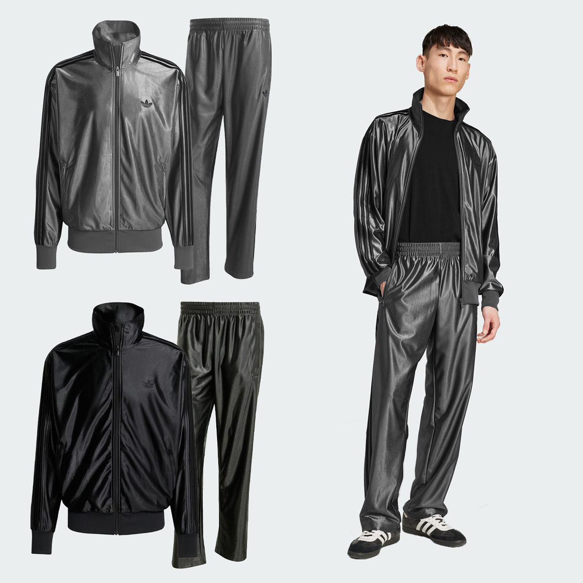 adidas ジャージ　光沢ブラック adidas Originals アディダス 光沢 ジャージ 上下組 ファイヤー