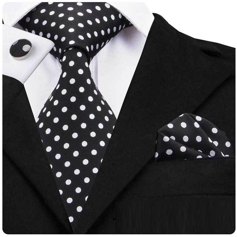 ネクタイ カフスボタン ポケットチーフ 3点 セット メンズ シルク ネクタイ チーフ カフス 定番のビジネス ドット パターン デザイン ５種 |  | 02