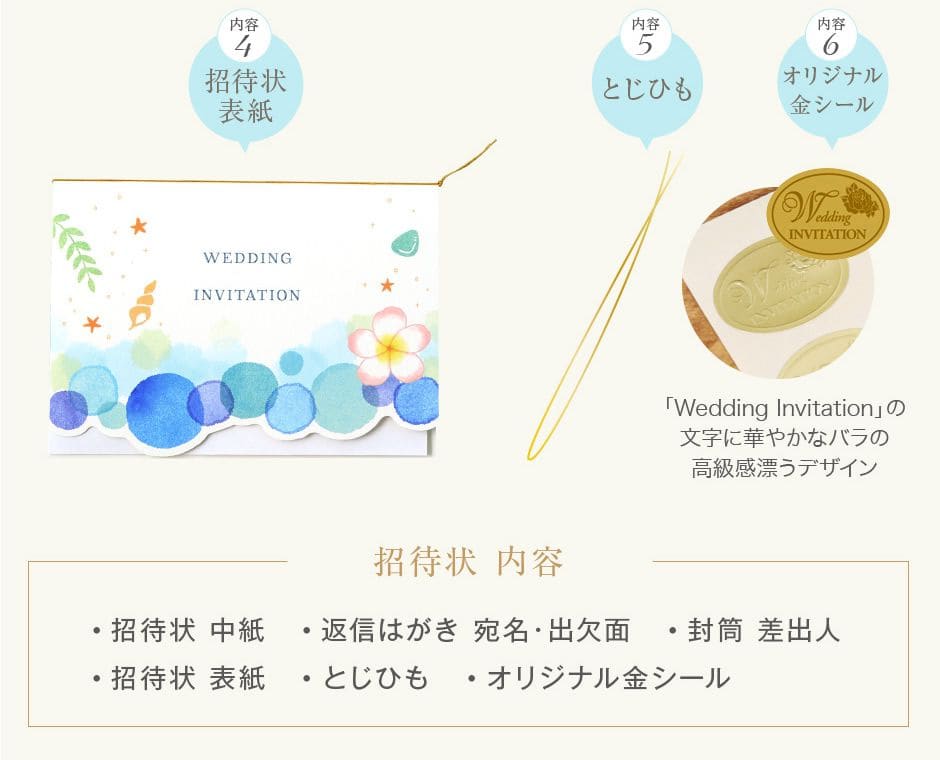 4.招待状表紙、5.とじひも、6.金シール