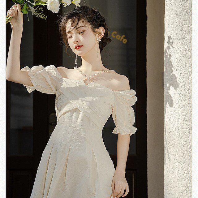 レディース ドレス ロマンチック ワンピース ネックレス付き 半袖 キャンディースリーブ Aライン ロングワンピース 大人可愛い ママコーデ ママファッション