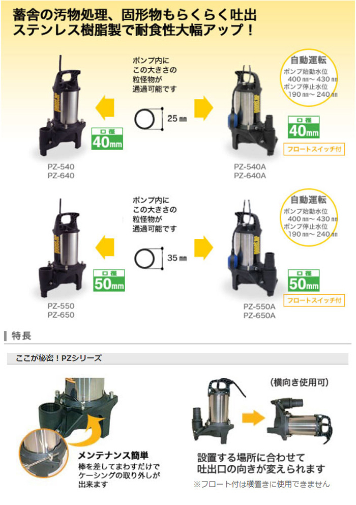 工進(KOSHIN):＜工進認定店＞ポンスター 汚物用水中ポンプ (60Hz) PZ