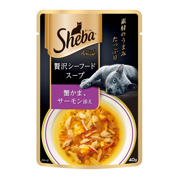 マースジャパンリミテッド:シーバ アミューズ 贅沢シーフードスープ 蟹かま、サーモン添え 40g SAM102 猫 フード ウェット パウチ