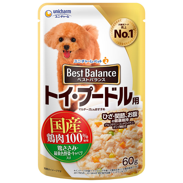 ユニ・チャーム ベストバランス パウチトイ・プードル用鶏ささみ・緑黄色野菜・キャベツ入り 60g 4520699680018 | 