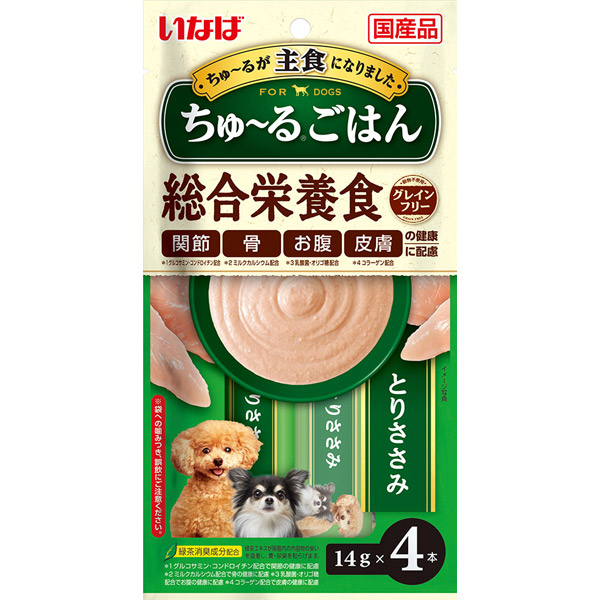 いなばペットフード:いなば ちゅ〜るごはん とりささみ 14g 4本入 DS-241 犬 おやつ 間食 総合栄養食 グレインフリー ペースト