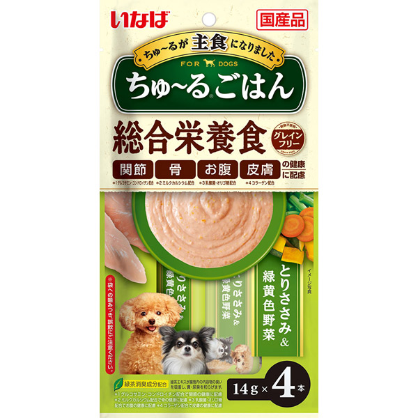 いなばペットフード:いなば ちゅ〜るごはん とりささみ&amp;緑黄色野菜 14g 4本入 DS-242 犬 おやつ 間食 総合栄養食 グレインフリー
