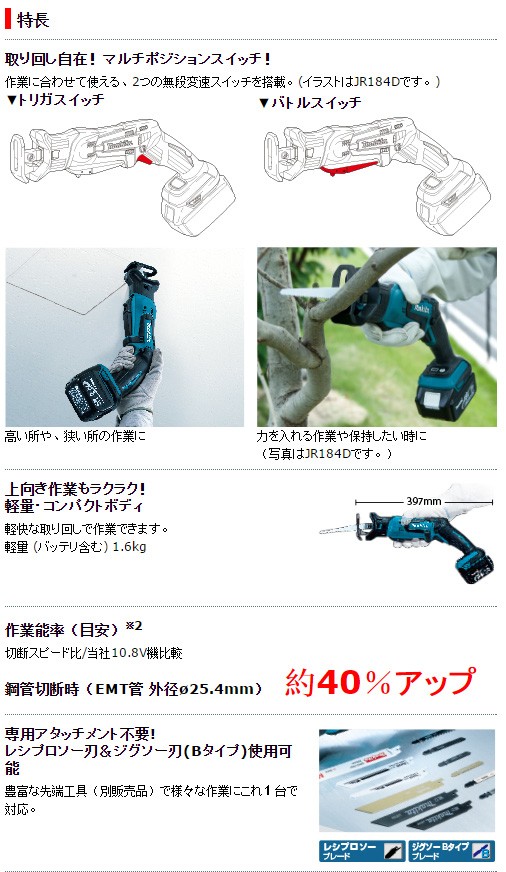 makita(マキタ):充電式レシプロソー JR144DZ 電動工具 DIY 88381655446
