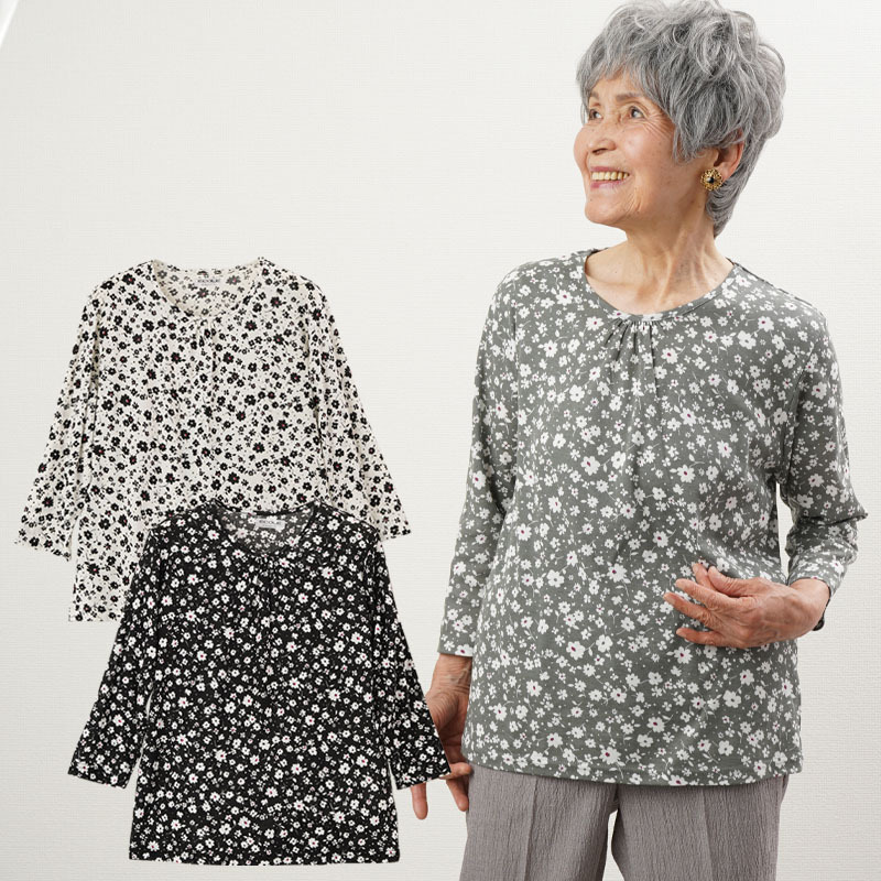 シニア服 80代 70代  60代 レディース 婦人服 高齢者 母の日 おばあちゃん 日本製 幾何柄メロー七分袖カットソー 誕生日 プレゼント シニアファッション 80代 70代 60代 高齢者 婦人服 乾燥機対応