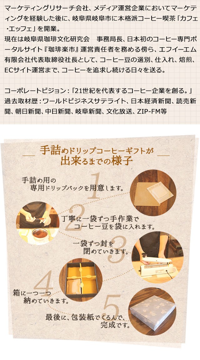 コーヒーばかの店・店主　廣瀬 祥一のプロフィ−ル マーケティングリサーチ会社、メディア運営企業においてマーケティングを経験した後に、岐阜県岐阜市に本格派コーヒー喫茶「カフェ・エッフェ」を開業。現在は岐阜県珈琲文化研究会　事務局長、日本初のコーヒー専門ポータルサイト『珈琲楽市』 運営責任者を務める傍ら、エフイーエム有限会社代表取締役社長として、コーヒー豆の選別、仕入れ、焙煎、ECサイト運営まで、コーヒーを追求し続ける日々を送る。コーポレートビジョン：「21世紀を代表するコーヒー企業を創る。」過去取材歴：ワールドビジネスサテライト、日本経済新聞、読売新聞、朝日新聞、中日新聞、岐阜新聞、文化放送、ZIP-FM等