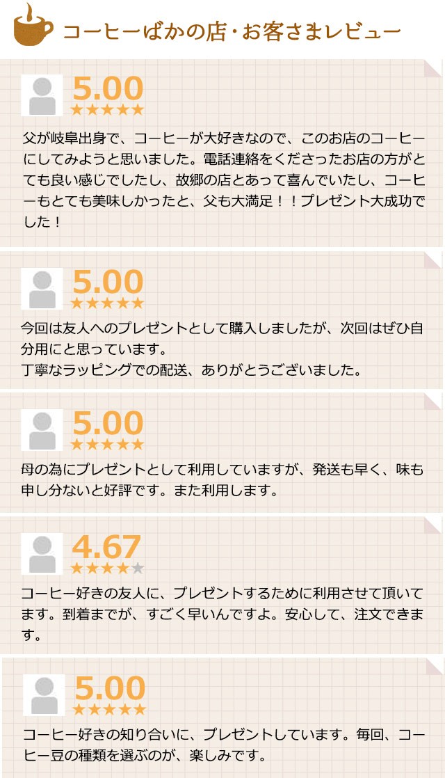 コーヒーばかの店・お客さまレビュー 父が岐阜出身で、コーヒーが大好きなので、このお店のコーヒーにしてみようと思いました。電話連絡をくださったお店の方がとても良い感じでしたし、故郷の店とあって喜んでいたし、コーヒーもとても美味しかったと、父も大満足！！プレゼント大成功でした！ 今回は友人へのプレゼントとして購入しましたが、次回はぜひ自分用にと思っています。丁寧なラッピングでの配送、ありがとうございました。 母の為にプレゼントとして利用していますが、発送も早く、味も申し分ないと好評です。また利用します。 コーヒー好きの友人に、プレゼントするために利用させて頂いてます。到着までが、すごく早いんですよ。安心して、注文できます。 コーヒー好きの知り合いに、プレゼントしています。毎回、コーヒー豆の種類を選ぶのが、楽しみです。 おばあちゃんにプレゼントしました~(*´∇｀*)とても喜んでくれました!! 主人にプレゼントしたのですが、このお値段なのにとっても美味しくて大満足でした。これからも、いろんな味を試すそうです。 プレゼントをしてこれほど喜ばれた記憶がない。