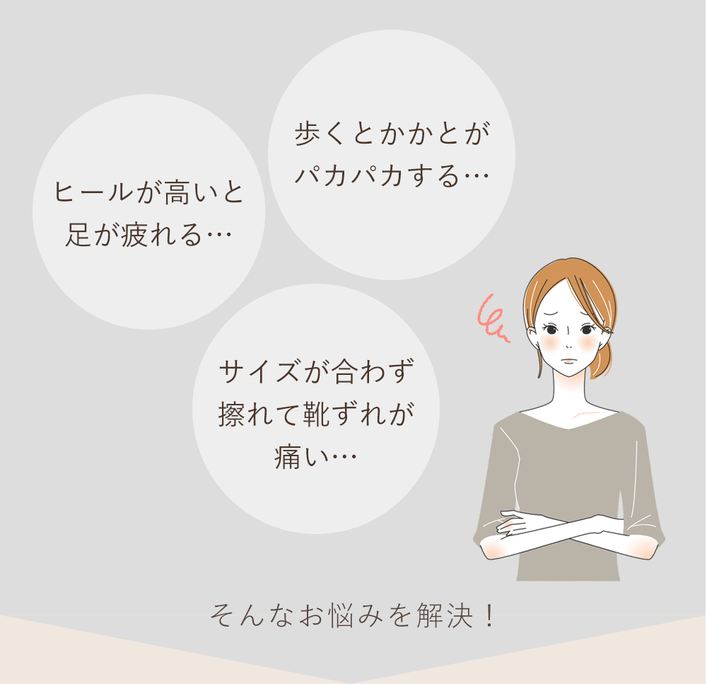 「歩くとかかとがパカパカする…」「ヒールが高いと足が疲れる…」「サイズが合わず擦れて靴ずれが痛い…」