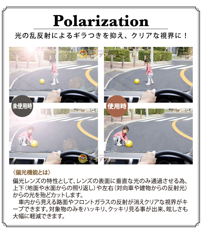 くもりにくい偏光オーバーグラス:光の乱反射によるギラつきを抑え、クリアな視界に