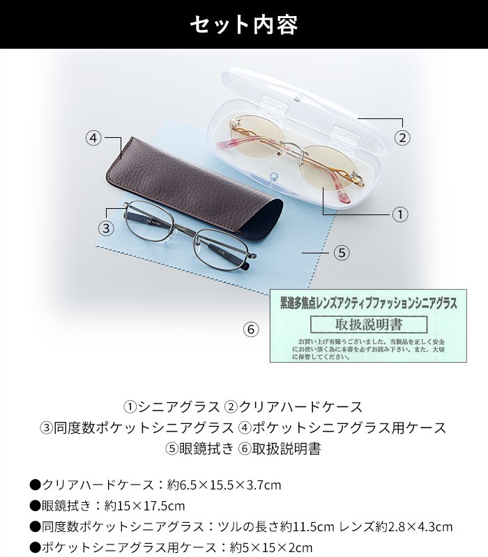 セット内容 (1)シニアグラス (2)クリアハードケース (3)同度数ポケットシニアグラス (4)ポケットシニアグラス用ケース (5)眼鏡拭き (6)取扱説明書