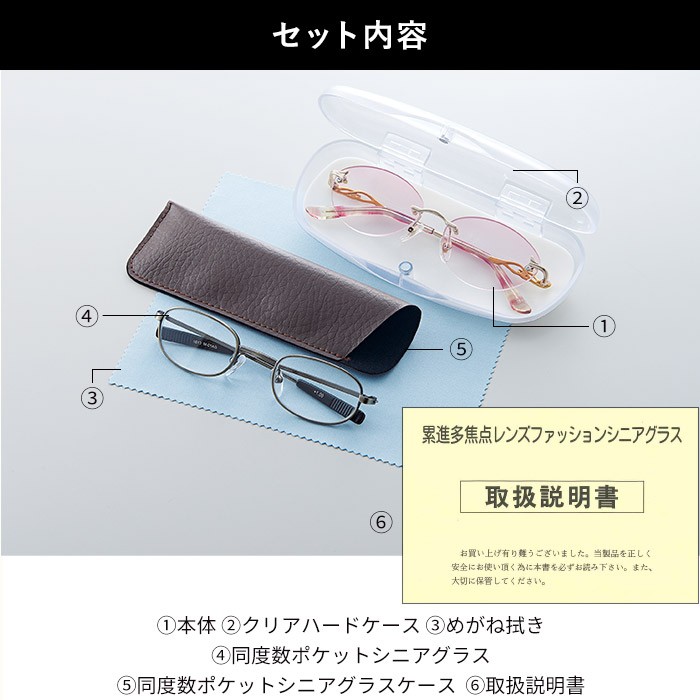 セット内容 (1)シニアグラス (2)クリアハードケース (3)同度数ポケットシニアグラス (4)ポケットシニアグラス用ケース (5)眼鏡拭き (6)取扱説明書