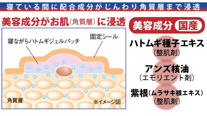 寝ながらハトムギジェルパッチ：寝ている間に配合成分がじんわり角質層まで浸透