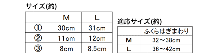 M　ふくらはぎまわり　32〜38cm、L　ふくらはぎまわり　36〜42cm