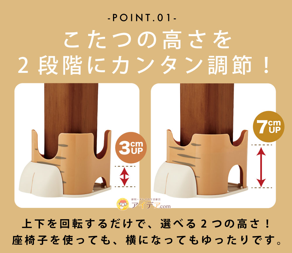 ニャンと便利な継ぎ足ゴロ寝っこ:こたつの高さを2段階にカンタン調節