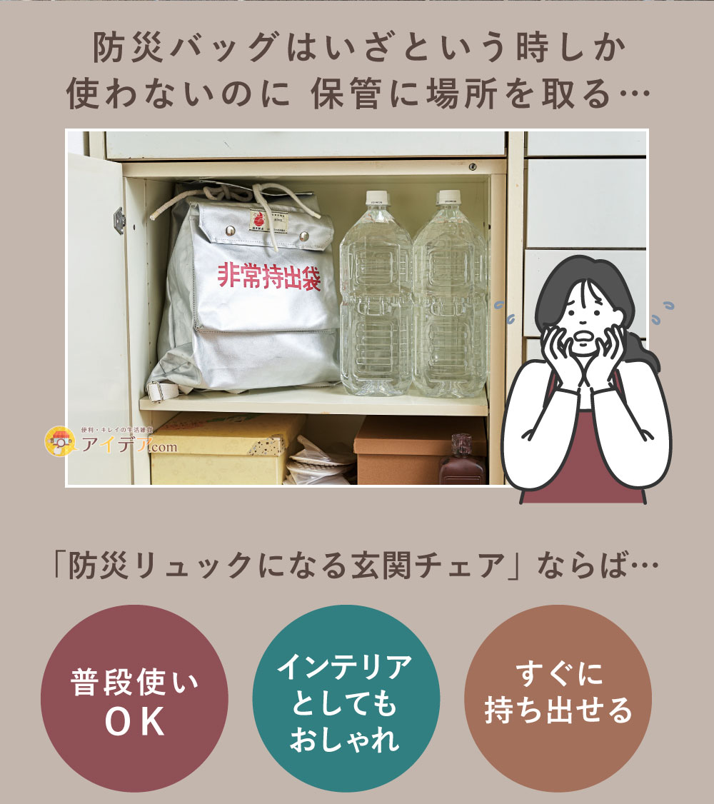 防災リュックになる玄関チェア:場所を取る…