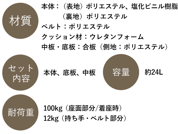 材質:本体：（表地）ポリエステル、塩化ビニル樹脂（裏地）ポリエステル、ベルト：ポリエステル、クッション材：ウレタンフォーム、中板・底板：合板（側地：ポリエステル）