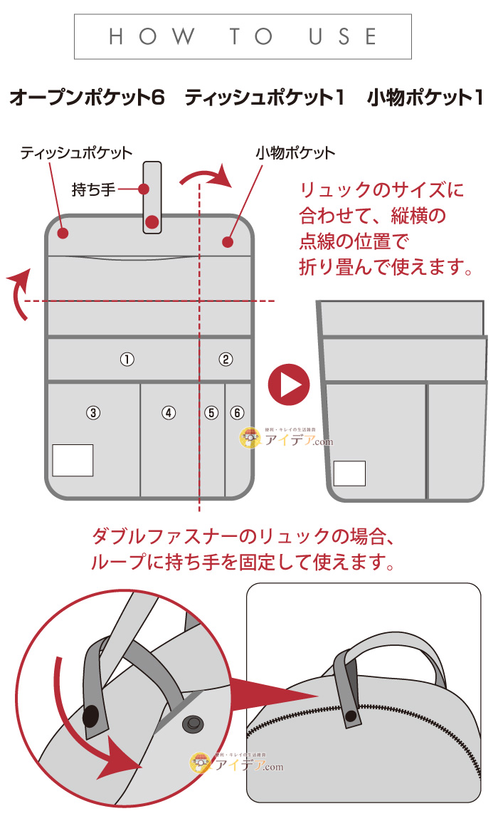 自由自在!サイズが変わるバッグインポケット:ご使用方法