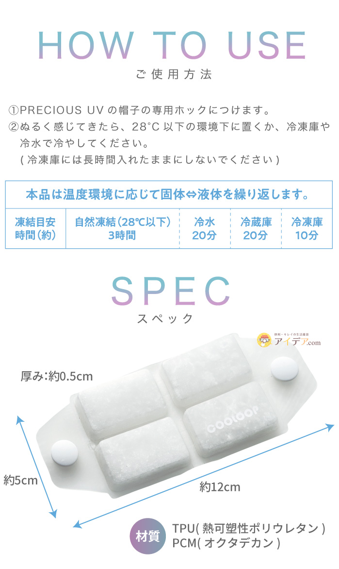 帽子に取り付けるCOOLOOP PAD:スペック