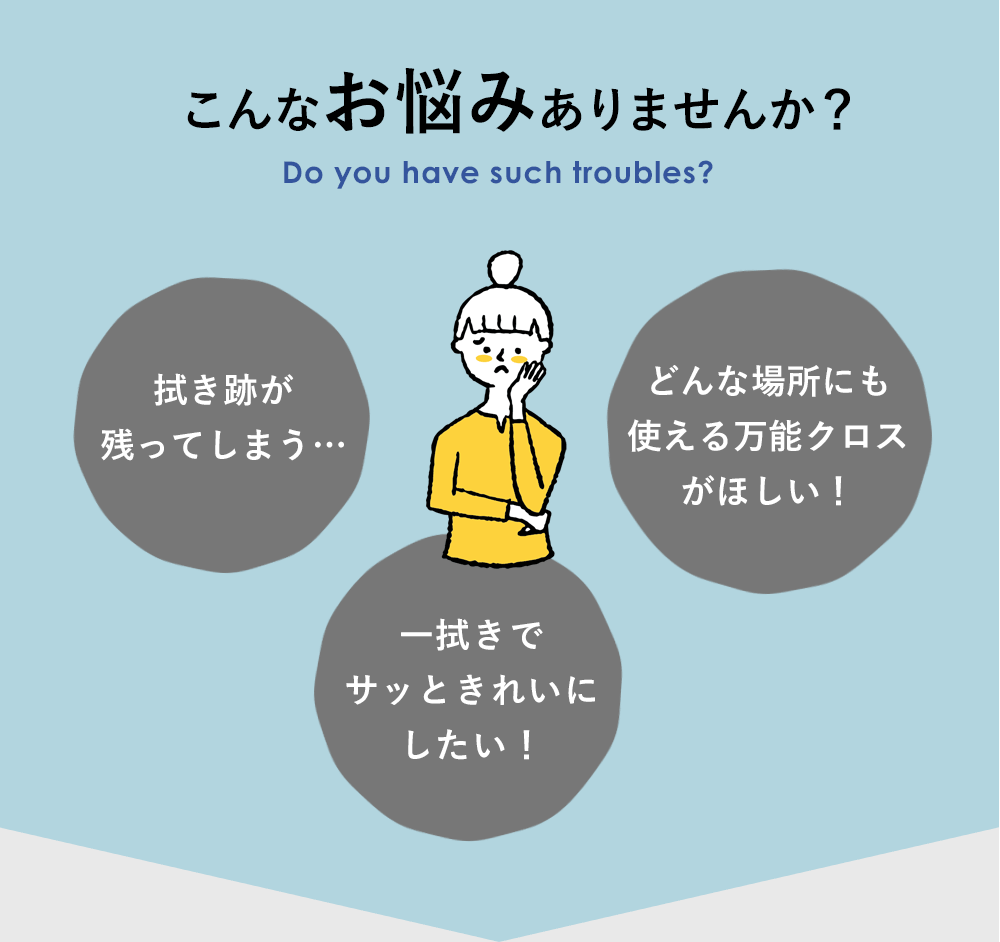 そこんなお悩みありませんか？「拭き跡が残ってしまう…」「一拭きでサッときれいにしたい！」「どんな場所にも使える万能クロスがほしい！」