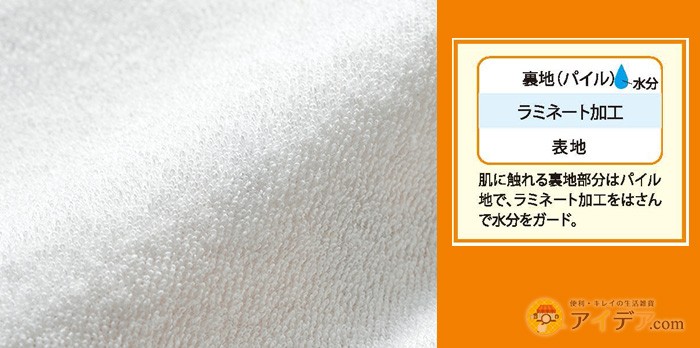 肌に触れる裏地部分はパイル地で、ラミネート加工をはさんで水分をガード