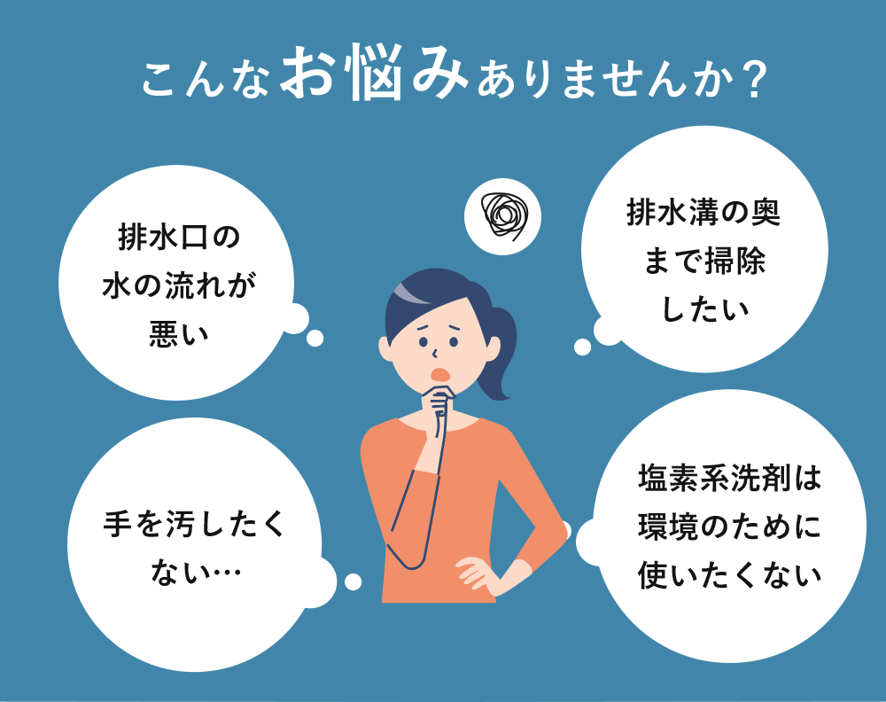 こんなお悩みありませんか？「排水口の水の流れが悪い」「排水溝の奥まで掃除したい」「手を汚したくない…」「塩素系洗剤は環境のために使いたくない」