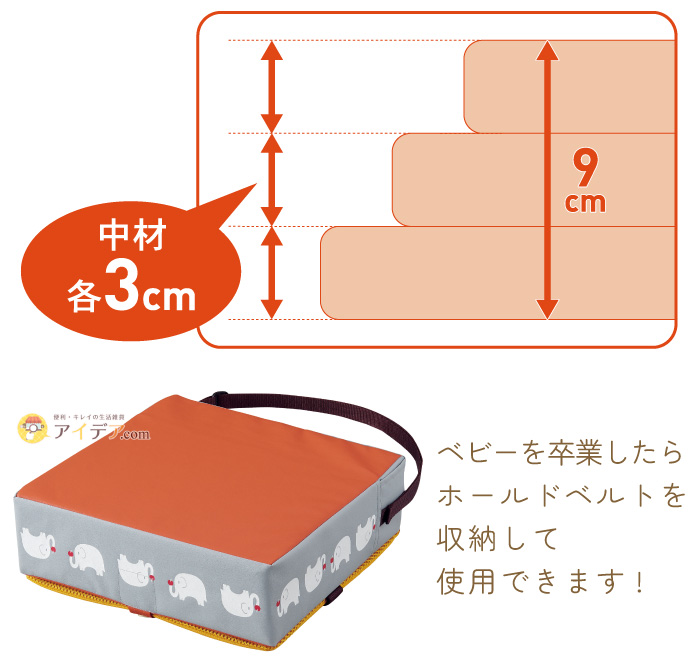 ホールドベルト付お食事クッション エレファント:ベビーを卒業したらホールドベルトを収納して使用できます!
