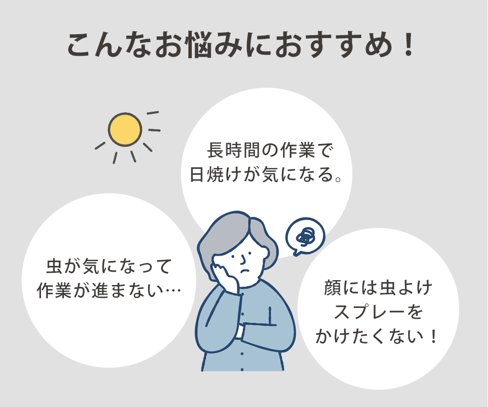 こんなお悩みありませんか？「虫が気になって作業が進まない…」「長時間の作業で日焼けが気になる。」「顔には虫よけスプレーをかけたくない！」