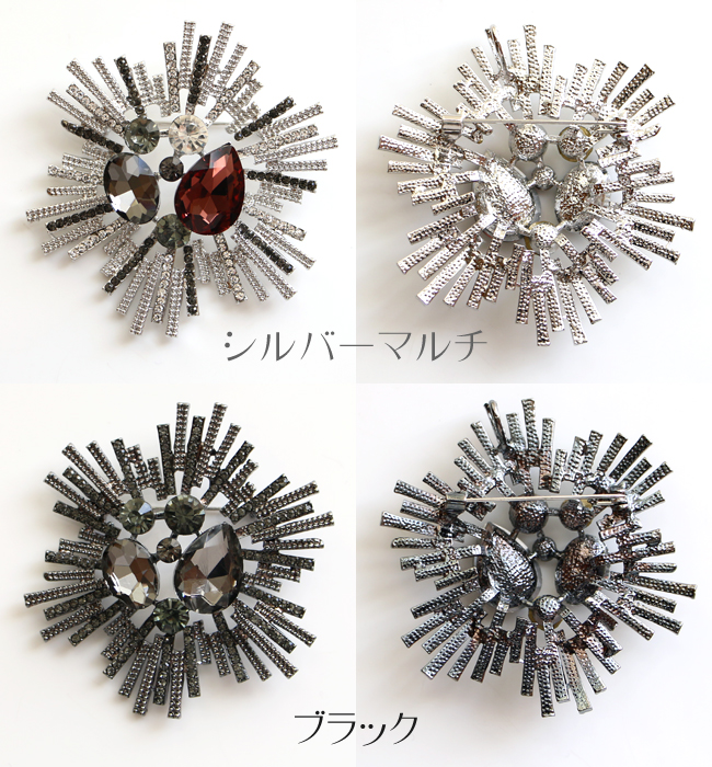 手のひらサイズの大ぶりブローチ・韓国製　大きい花　ラインストーン　黒 ピンブローチ ブローチ ピンロック付き ブラックパール ライン