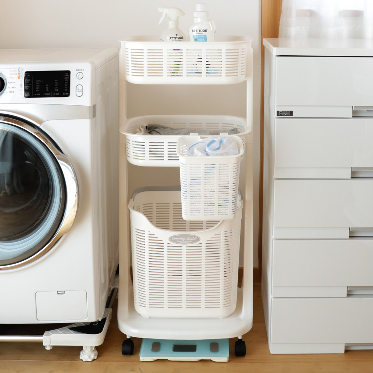 サンコープラスチック ランドリーバスケット ポケット付き 3段 洗濯