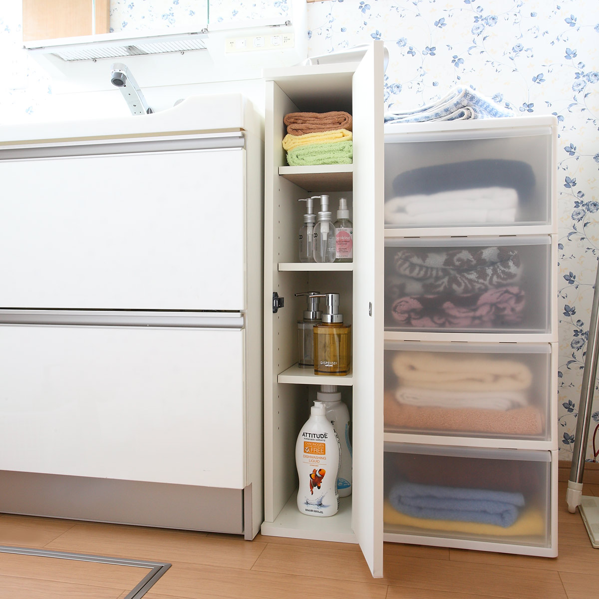 キャビネット スリム　リビング収納 キッチン収納　隙間収納　すき間収納 朝日木材加工 キッチン収納 すき間収納 スリムストッカー 4段 扉付 幅