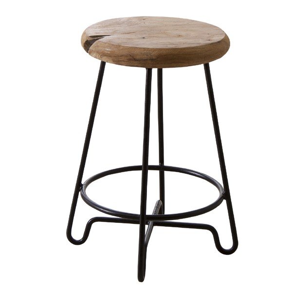 スツール 高さ47cm 木製 丸椅子 アイアンフレーム （ 椅子 いす チェア チェアー 背もたれなし 天然木 チーク チーク材 無垢材 ）