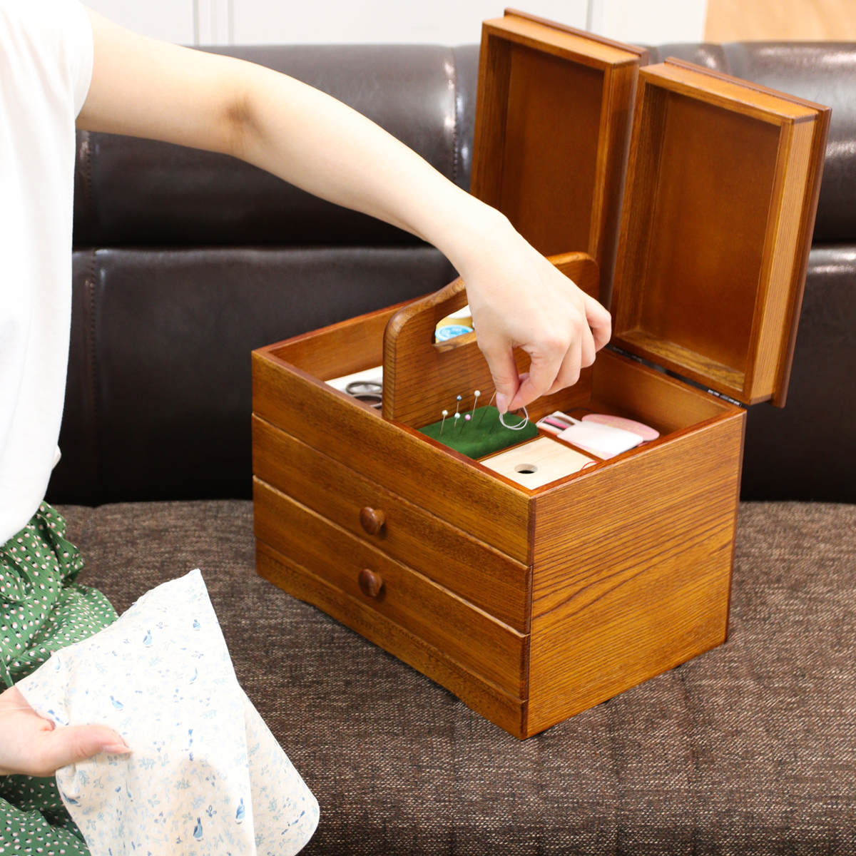 ケンホープ ソーイングボックス 木製 引出し付 あおい 幅32.5cm