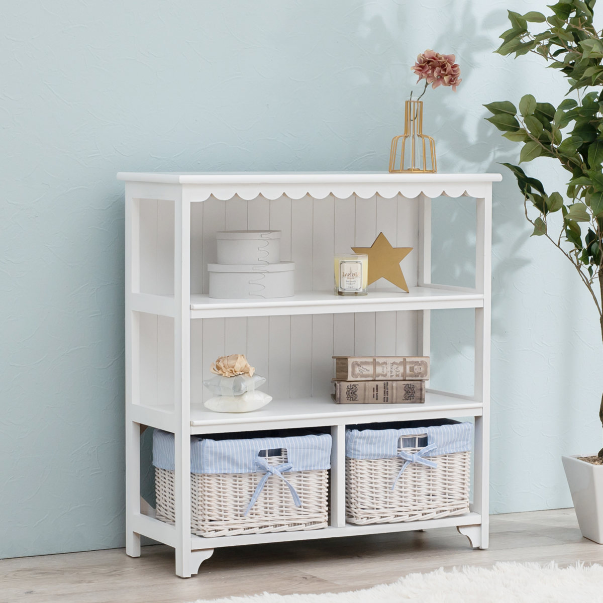 HAGiHARA（萩原） オープンラック 3段 編みカゴ 引出し2杯 姫系