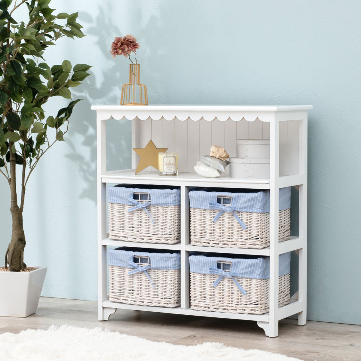 HAGiHARA（萩原） オープンラック 3段 編みカゴ 引出し4杯 姫系