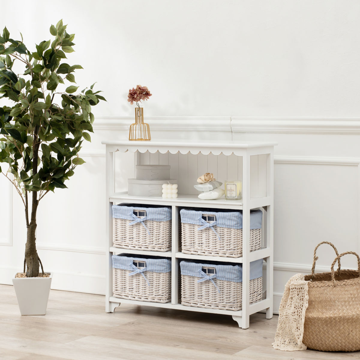 HAGiHARA（萩原） オープンラック 3段 編みカゴ 引出し4杯 姫系