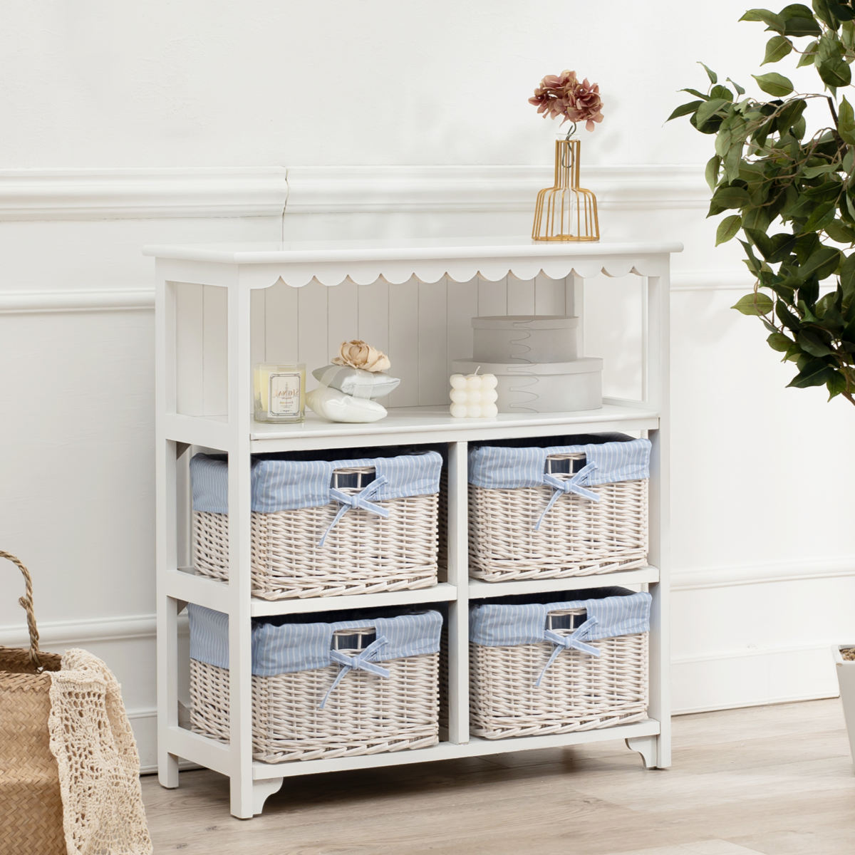 HAGiHARA（萩原） オープンラック 3段 編みカゴ 引出し4杯 姫系