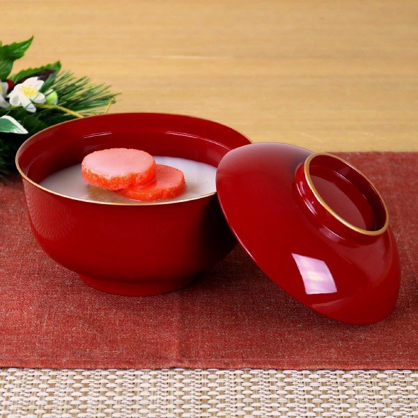 送料込　漆器　沈金　蒔絵　赤と金の花模様の蓋つき煮物椀　5個セット 雑煮椀 540ml 日本製 朱渕金 5個セット （ ） : お弁当グッズの