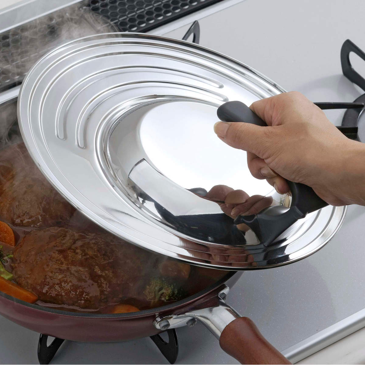 フライパン蓋 18〜26cm スタンド付き フリーサイズ鍋蓋 日本製