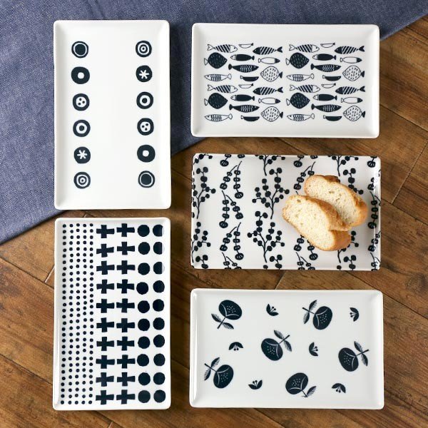 長角皿 26cm ブロックプリント 北欧 美濃焼 食器 中皿 磁器 （ 食洗機