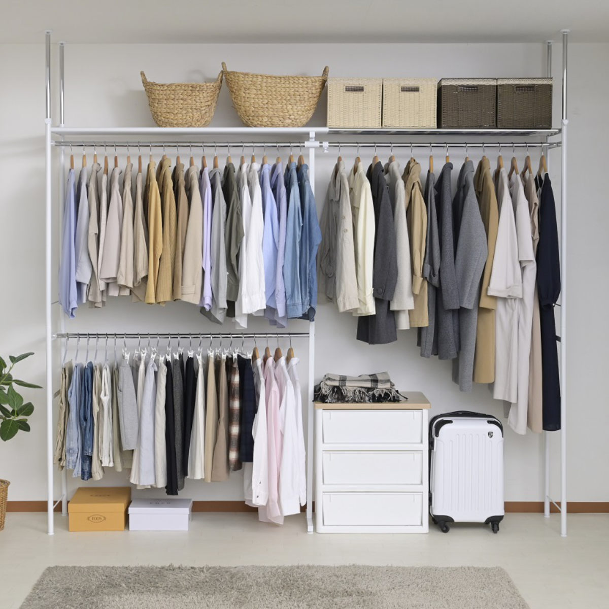 突っ張り ハンガーラック 総耐荷重185kg 上棚付き スーパーワイド 幅