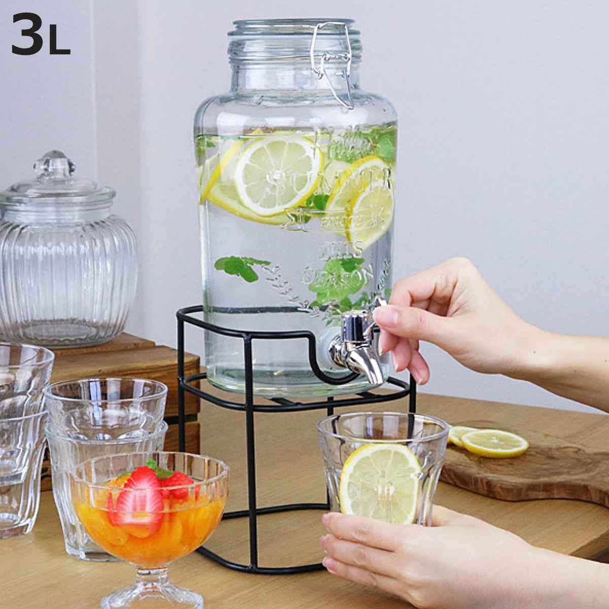 ドリンクサーバー3L スタンド付 ガラス 蛇口付き （ 梅酒 果実酒 ウォーターサーバー ガラス瓶 ガラス製 瓶 ）