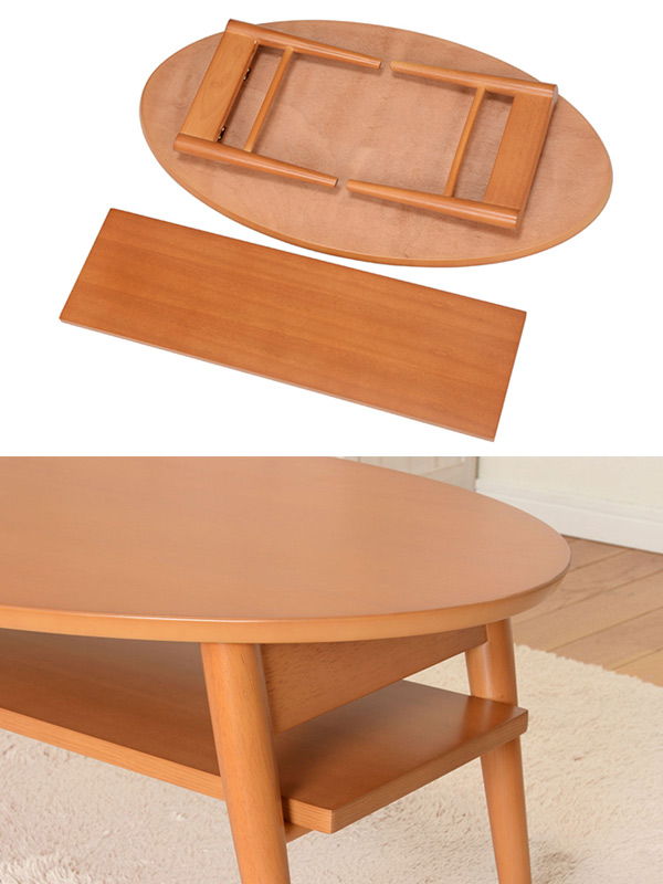 ローテーブル オーバル型 折れ脚テーブル 棚付 幅90cm （ 完成品 天然