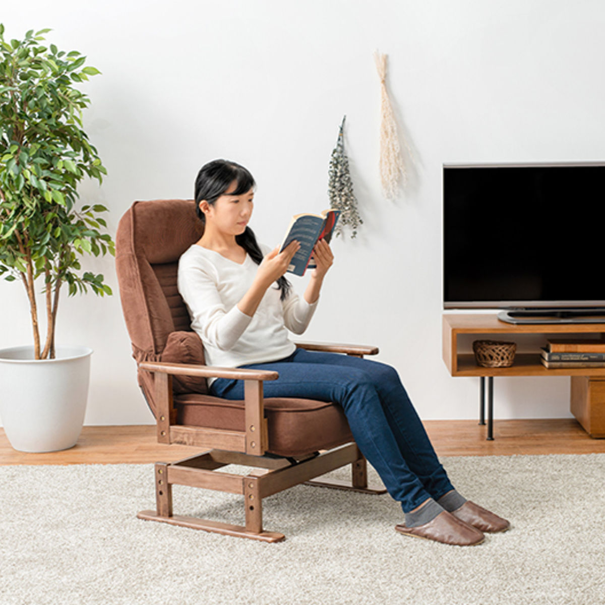 高座椅子 リクライニングチェア 5段リクライニング 腰当クッション付