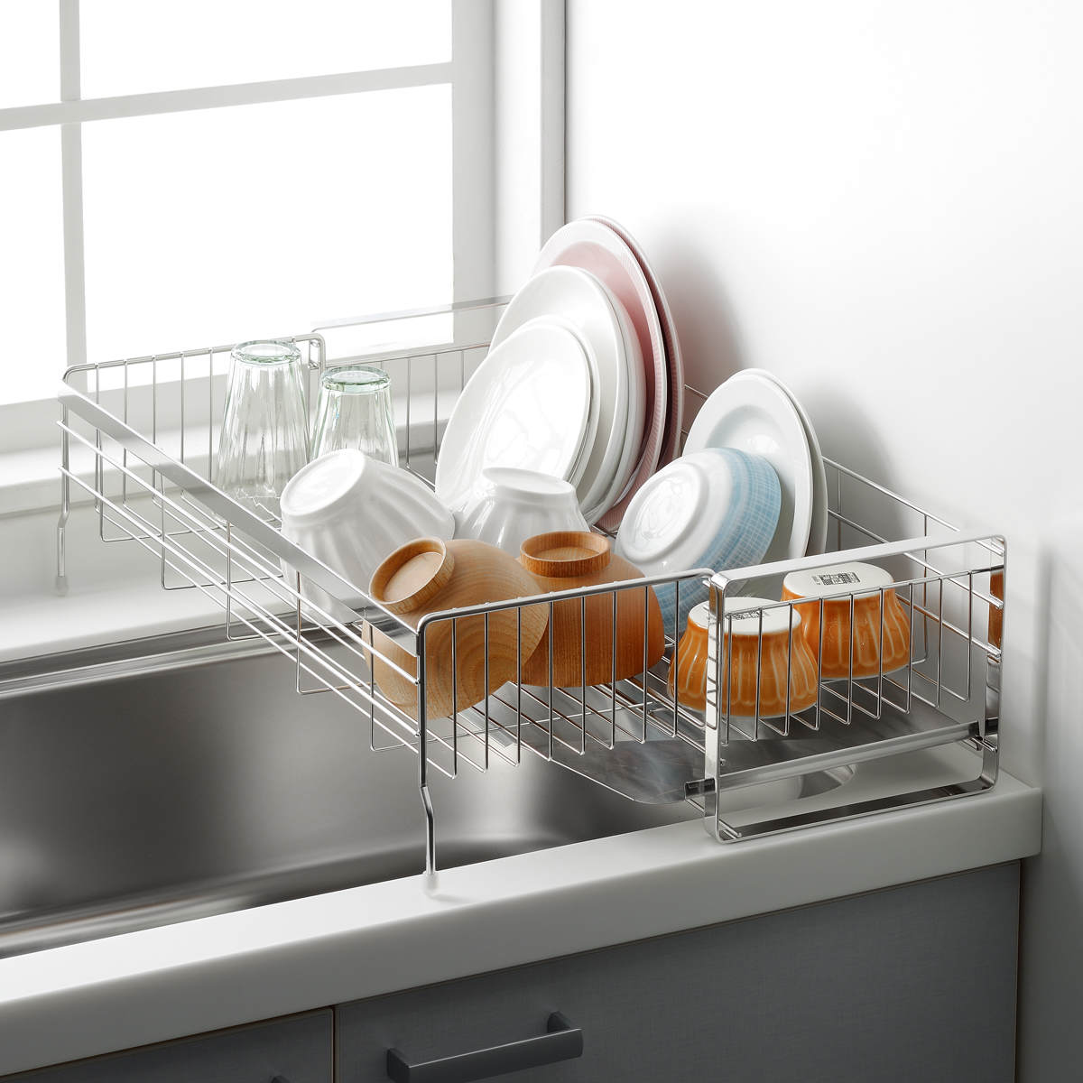 ヨシカワ 水切りラック シンクサイド 幅の広がるスタイリッシュ水切り