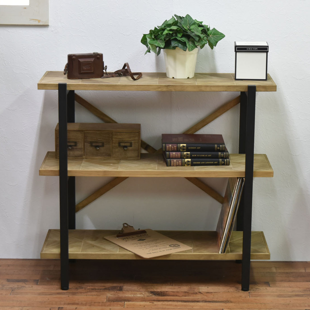 オープンラック 幅90cm 3段 組木 古材風 KALEIDO （ 本棚 収納棚 収納