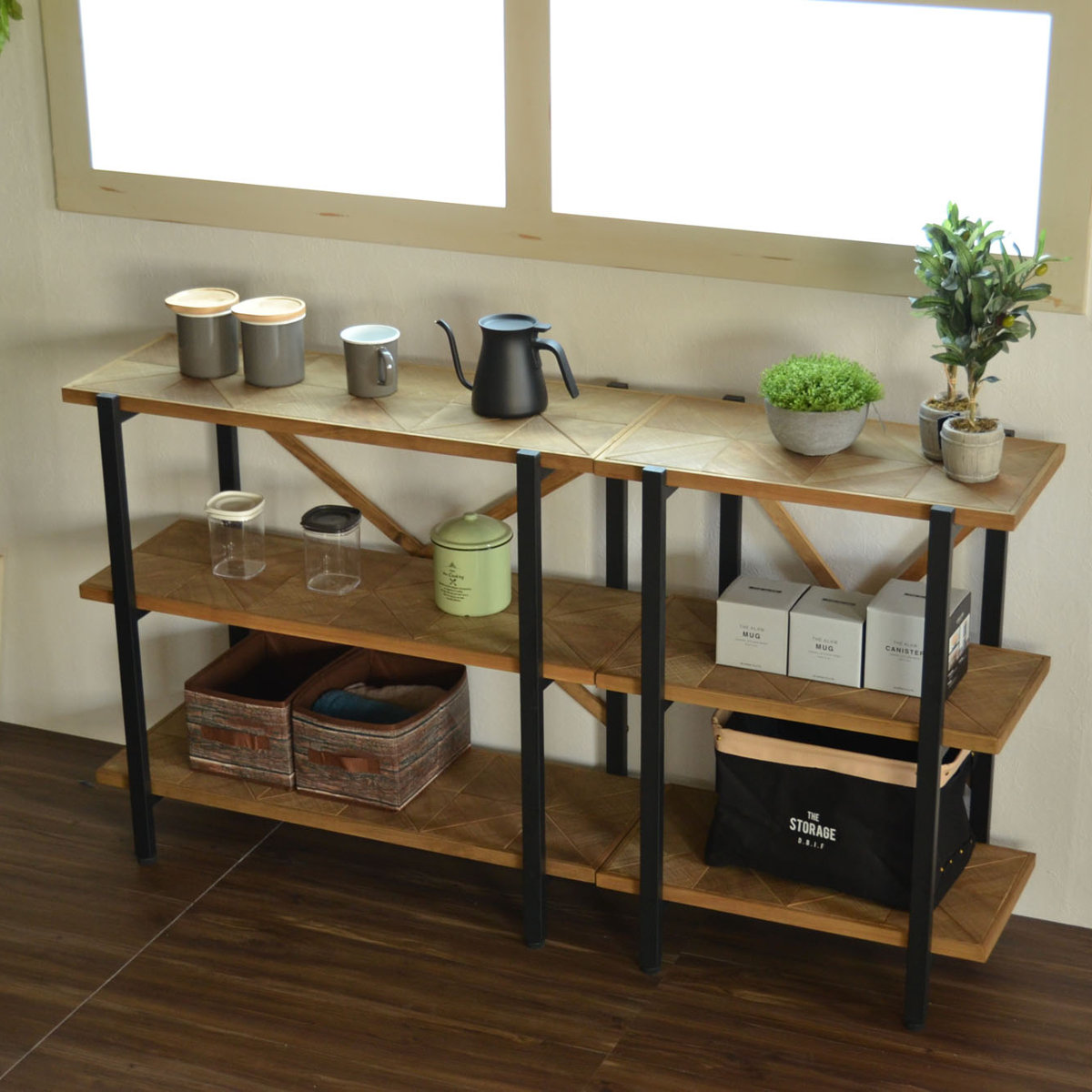 オープンラック 幅90cm 3段 組木 古材風 KALEIDO （ 本棚 収納棚 収納