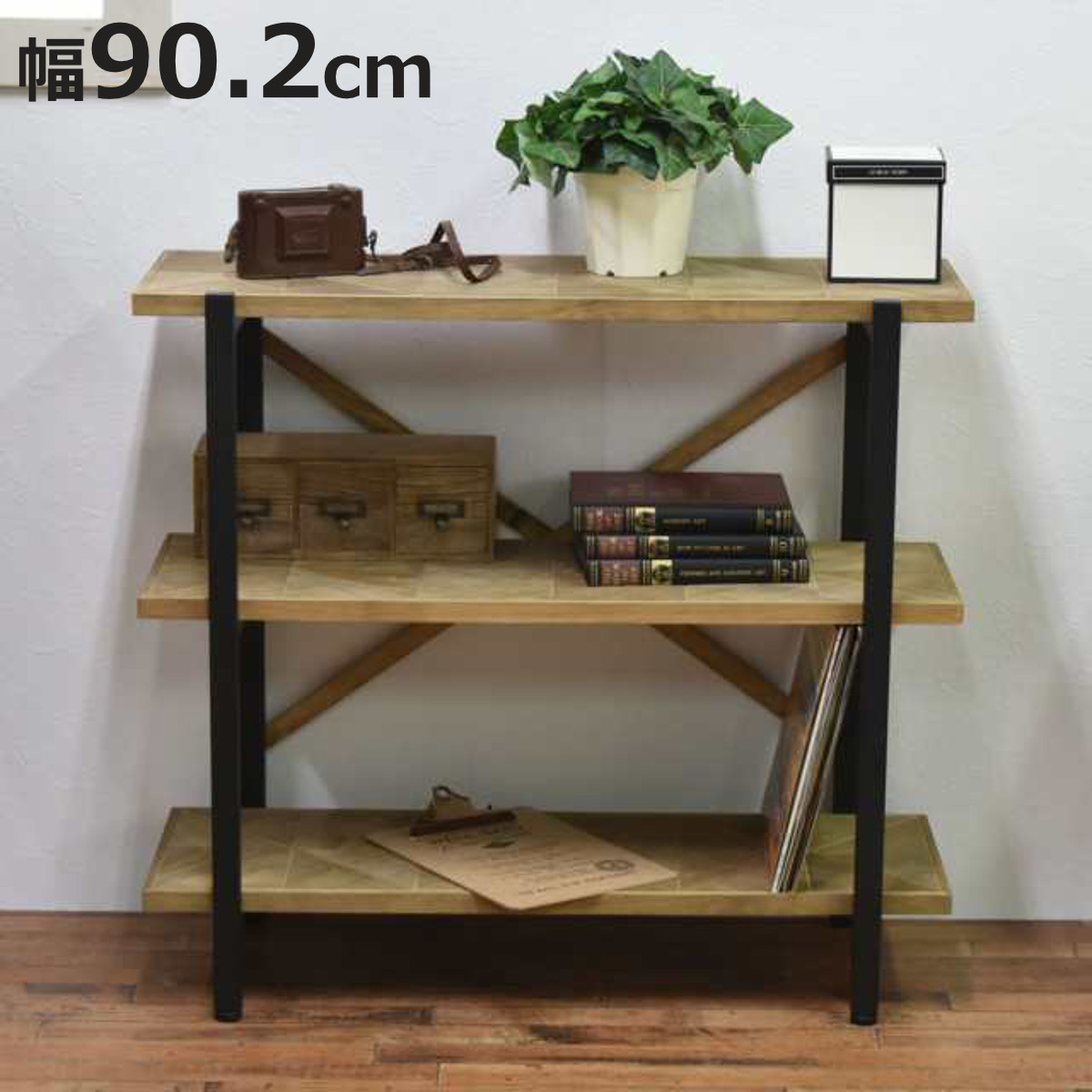 オープンラック 幅90cm 3段 組木 古材風 KALEIDO （ 本棚 収納棚 収納