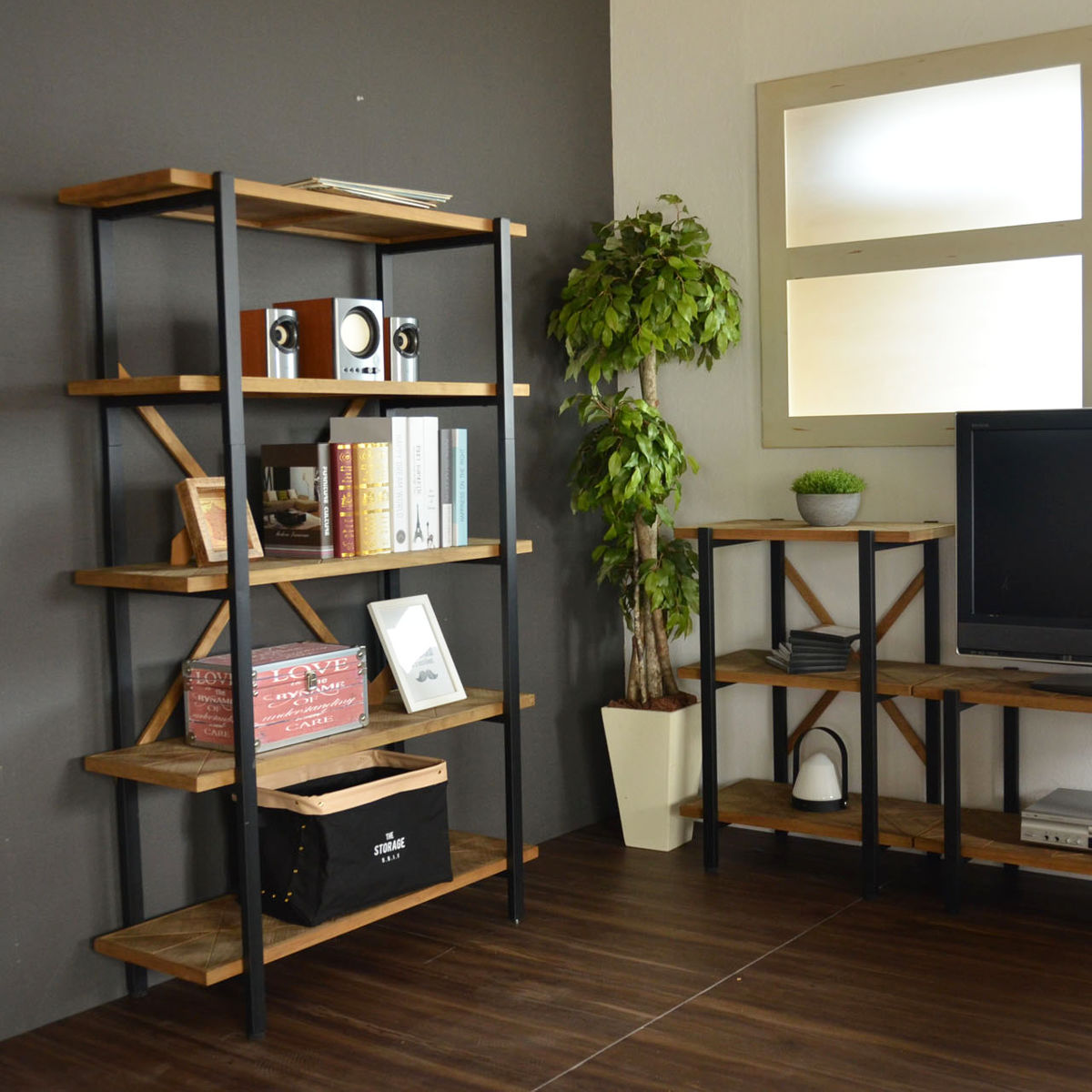 オープンラック 幅90cm 5段 組木 古材風 KALEIDO （ 本棚 収納棚 収納